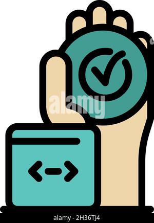 Check mark in the hand icon. Outline check mark in the hand vector icon color flat isolated Stock Vector