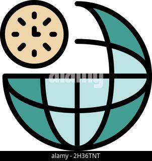 Clock and globe icon. Outline clock and globe vector icon color flat isolated Stock Vector