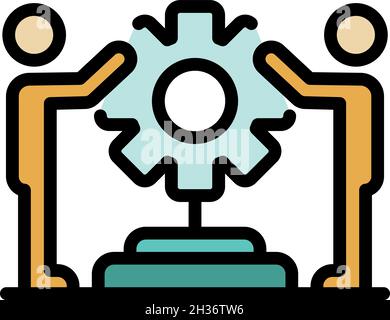 Two men holding cog icon. Outline two men holding cog vector icon color flat isolated Stock Vector