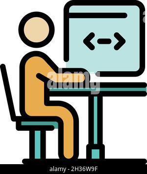 Man coding on PC icon. Outline man coding on PC vector icon color flat isolated Stock Vector