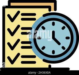 List and clock icon. Outline list and clock vector icon color flat isolated Stock Vector