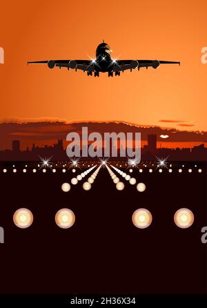 Airliner landing at skyline. Available EPS-10 vector format separated by groups and layers for easy edit Stock Vector