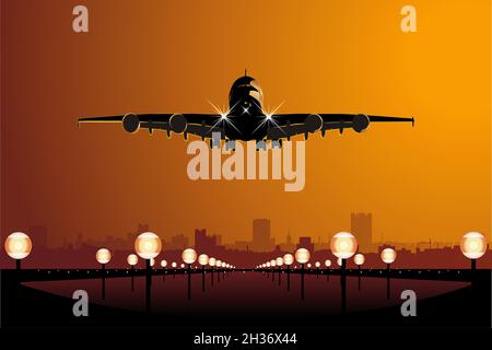 Airliner landing at skyline. Available EPS-8 vector format separated by groups and layers for easy edit Stock Vector