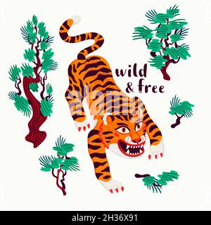 Tiger vector illustration, Wild and free text and cartoon tiger sneak through japanese pine trees. Organic flat style vector illustration. Stock Vector