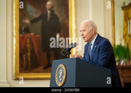 WASHINGTON DC, USA - 10 August 2021 - US President Joe Biden delivers remarks on the passing of the bipartisan Infrastructure Investment and Jobs Act, Stock Photo