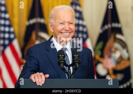 WASHINGTON DC, USA - 10 August 2021 - US President Joe Biden delivers remarks on the passing of the bipartisan Infrastructure Investment and Jobs Act, Stock Photo