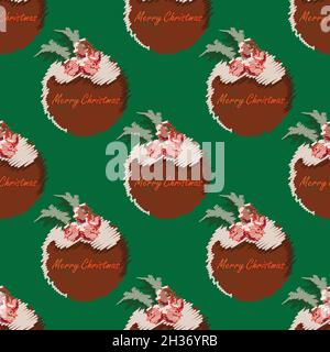 Scribble style Christmas Pudding seamless vector pattern background. Backdrop with traditional cake, berries, holly leaves and blended season Stock Vector