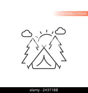 Camping tent in nature with trees and sun. Line vector icon, editable stroke. Stock Vector