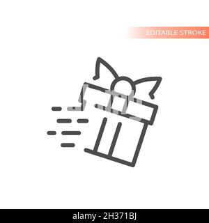 Gift box with speed marks, fast delivery. Line vector present with bow icon. Stock Vector