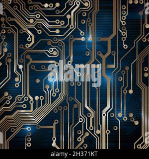 Circuit board background. Technology concept, dark background. Analog circuit. Electronic computer technology, digital chip. Banner, presentation Stock Vector