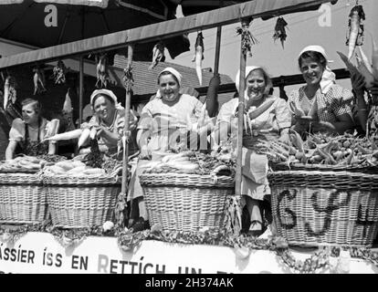 Lokale Rettichprduzenten im Festzug zum Rettichfest in Schifferstadt, Deutschland 1930er Jahre. Local radish producers at the pageant of the annual radish fair at Schifferstadt, Germany 1930s. Stock Photo