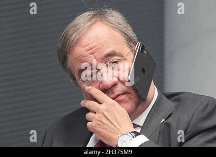 26 October 2021, Berlin: Armin Laschet, federal chairman of the CDU, talks on the phone during the constituent session of the new Bundestag. Photo by Michael Kappeler/DPA/ABACAPRESS.COM Stock Photo