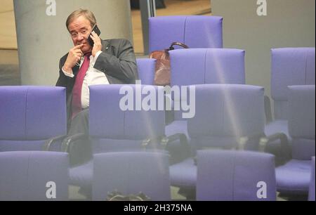 26 October 2021, Berlin: Armin Laschet, federal chairman of the CDU, talks on the phone during the constituent session of the new Bundestag. Photo by Michael Kappeler/DPA/ABACAPRESS.COM Stock Photo