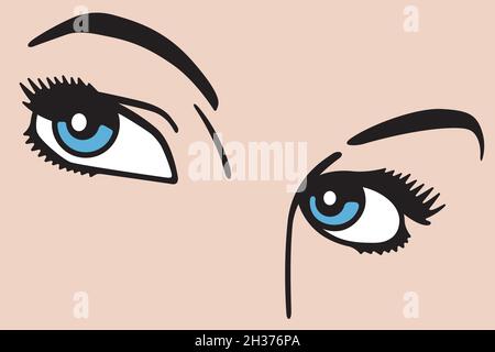 Beautiful woman’s eyes looking toward viewer. Comic book style vector illustration of close up of female eyes and eyebrows. Stock Vector