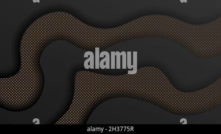 Black paper cut background. Abstract realistic papercut decoration textured with wavy layers and gold halftone effect pattern. 3d topography relief. Stock Vector