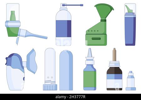 Icons set of nasal drops and sprays. For colds, flu, cough medicine in the nose in a flat style isolated on a white background.  Stock Vector