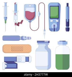 Set of medical icons of vacuum pump for blood sampling, ampules and spritz in a flat style isolated on a white background. Stock Vector