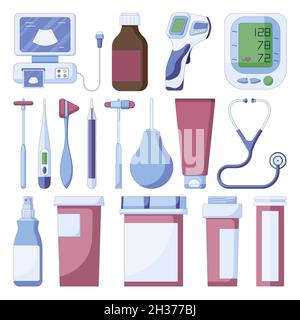 Set of medicine and health care icons in a flat style isolated on a white background. Enema, thermometer, pills tube and other equipment. Stock Vector