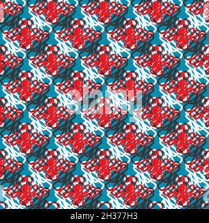 Abstract knitted weave vector pattern texture background. Red blue backdrop with criss cross loops of crochet style yarn thread. Scribbled textured Stock Vector