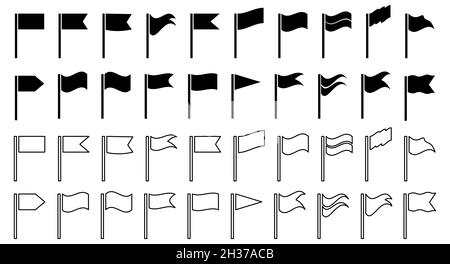 Set of black flag icons. Line art and flat style. Vector illustration isolated on white background Stock Vector