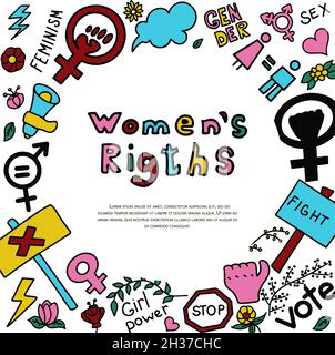 A set of doodle signs of feminism, women s rights. Grunge hand drawn ...