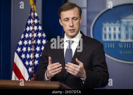 National Security Advisor Jake Sullivan speaks to the media about President Bidenâs upcoming trip to Glasgow for the UN Climate Summit from the White House Press Briefing Room in Washington, DC, USA, 26 October 2021. Stock Photo