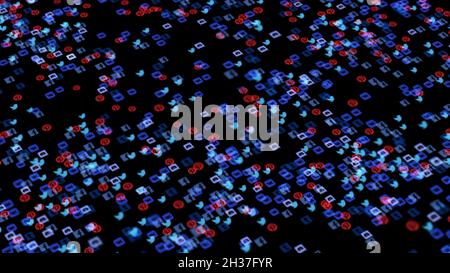 Colorful abstraction of popular social networks and services app icons floating on the black background. Technology, social media and internet backdro Stock Photo
