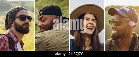 Composite image of close-up portraits of young men and women in summer forest, meadow. Lifestyle, friendship, nature Stock Photo