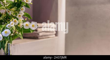 Bathroom modern design interior detail. Fresh blooming plant closeup, blur background, towels stacked on a shelf. Empty space, spa wellness room templ Stock Photo