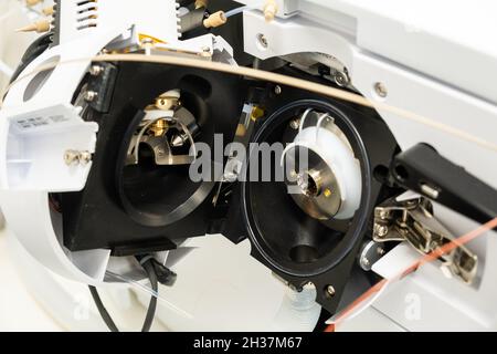 Open ion source of mass spectrometer. Maintenance of mass detector. LC MS analysis in analytical laboratory Stock Photo