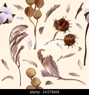 Seamless patterns with decoration leaves, soft cotton, dry herbs. Boho Endless texture for your design. Vector illustration Stock Vector