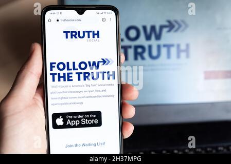 26 October 2021, Barcelona, Spain: the homepage of the new "Truth Social", a social network announced by former US President Donald Trump is seen on m Stock Photo