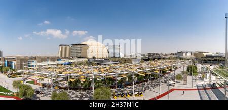 '10.22.2021 - Dubai, UAE - Panorama view of Expo 2020 towards center Al Wasl dome a  global event on sustainability and future innovation' Stock Photo