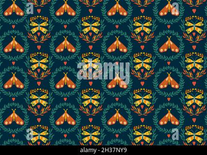 Seamless pattern with wreaths and lunar moths in green and orange colors. Stock Vector