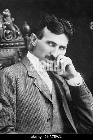 Nikola Tesla (1856-1943) in his early forties. Tesla was a Serbian American inventor and engineer best known for his work on alternating current (AC) electricity supply.