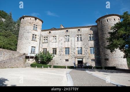 Château of the Marquis of Vogüé, a medieval fortified castle in France. French monument and tourist landmark in small village Stock Photo