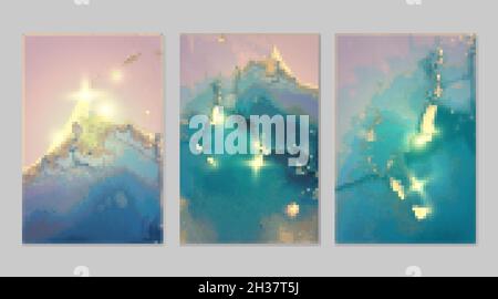 Set of marble patterns. Ocean blue and gold geode textures with glitter. Abstract vector background in alcohol ink technique. Modern paint with sparkl Stock Vector