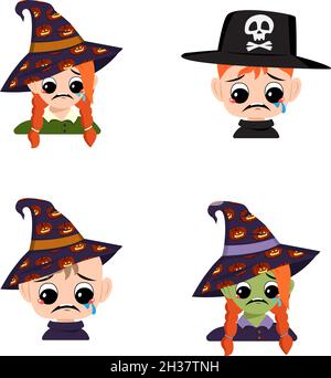 Set of girl, boy and baby with white and green skin, red hair, big eyes and depressive emotion, crying, tears face in pointed witch hat. Head of child with sad face. Halloween party decoration Stock Vector