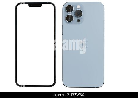 LOEI ,THAILAND,26 Sep 2021 : new Iphone 13 Pro max Front and back side mock up with white screen. Illustration for presentation web site design or Stock Photo