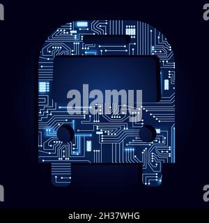 Bus symbol used on traffic signpost with a technological electronics circuit. Blue background. Stock Vector