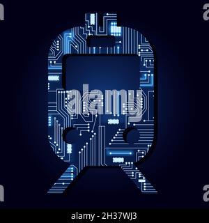 Train symbol with a technological electronics circuit. Blue background. Stock Vector