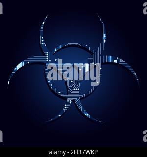 Biohazard symbol with a technological electronics circuit. Blue background. Stock Vector