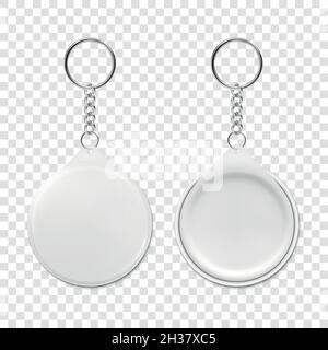 Premium Vector  Vector 3d realistic blank white round keychain with ring  and chain for key isolated on white button badge with ring plastic metal id  badge with chains key holder design