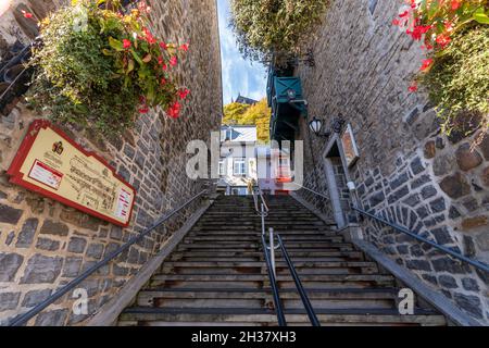 Quebec, Canada - October 20 2021 : Quartier du Petit Champlain in autumn season. A small commercial zone in Quebec City. Stock Photo