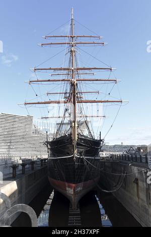 Close up of Royal Research Ship (RRS) Discovery which is permanently berthed in Dundee, Scotland. Stock Photo