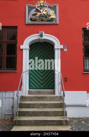Old door at Kniepertor (town gate), Hanseatic city Stralsund, Mecklenburg Western Pomerania, Germany, Europe Stock Photo