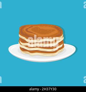 Flavored breakfast pancakes on a white plate with a blue background Stock Vector