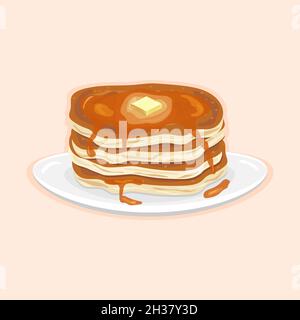 Delicious american pancakes for breakfast with butter and honey on a white plate on a light background Stock Vector