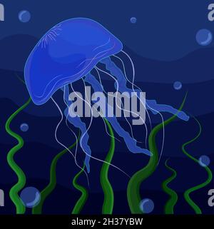 Blue jellyfish on a dark blue background with green algae Stock Vector