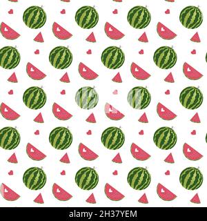 Pattern with slices and whole watermelons on a white background Stock Vector